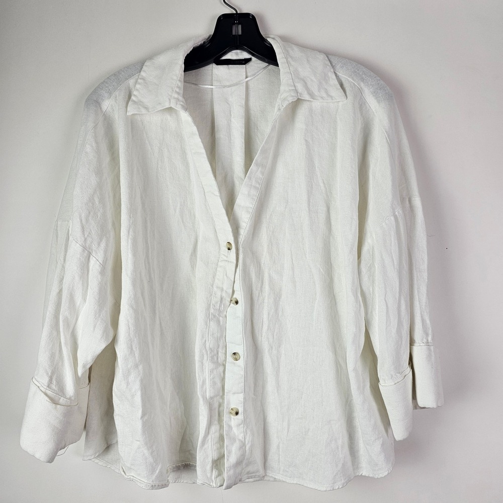 Zara Womens White Linen Blend Pleated Back Cropped Button Down Shirt Size M LS